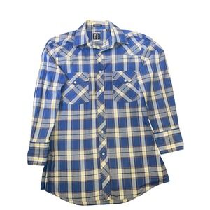 Men's Holt Western Plaid Snap Button Long Sleeve‎ Shirt Blue White